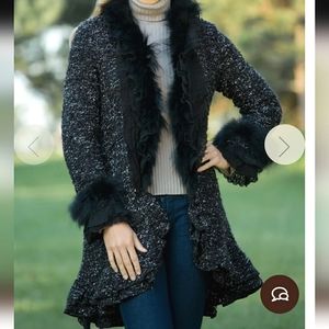 Dolce Cabo Black Varigated Ruffled Cardigan/Coat Sweater Racoon Fur Accent